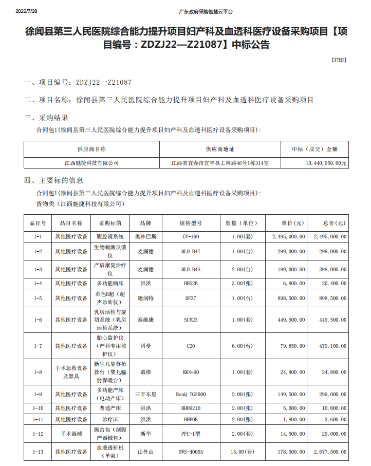 徐聞縣第三人民醫(yī)院綜合能力提升項目婦產科及血透科醫(yī)療設備采購項目【項 目編號：ZDZJ22—Z21087】中標公告(圖1)